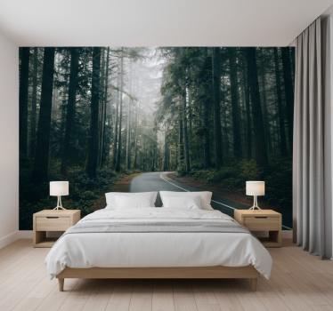 Forest wall mural foggy pine road - TenStickers