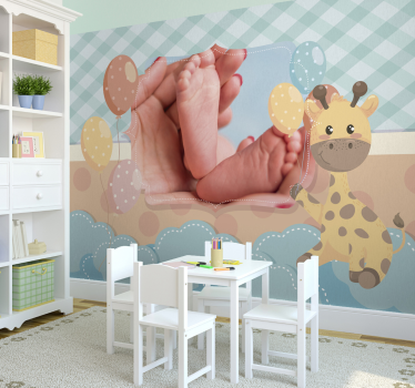 Newborn baby with giraffe Nursery Wall Mural - TenStickers