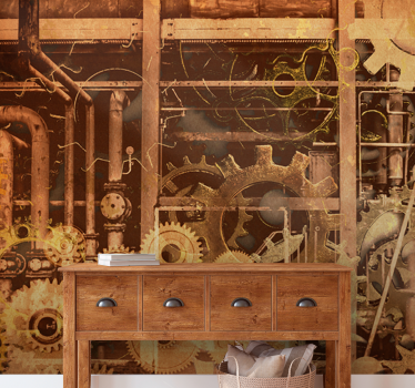 Retro 3D Industrial Pipes Gold vintage mural - TenStickers