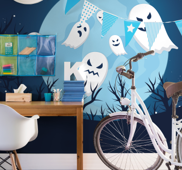 Terrifying ghosts on blue landscape wall mural wallpaper - TenStickers