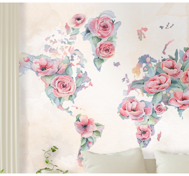 With flowers decorated world map wall mural - TenStickers