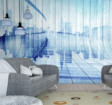 Wood effect city skyline City wall mural - TenStickers