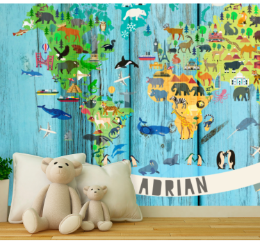 World map wall mural interactive animal map - TenStickers