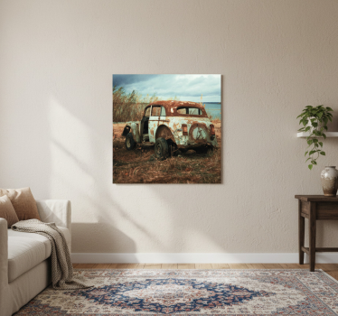Living room poster of an old dirty car in the fields - TenStickers