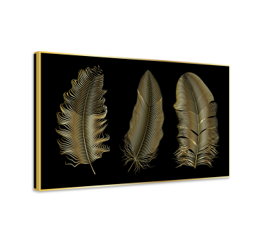 Golden feathers black background canvas print - TenStickers