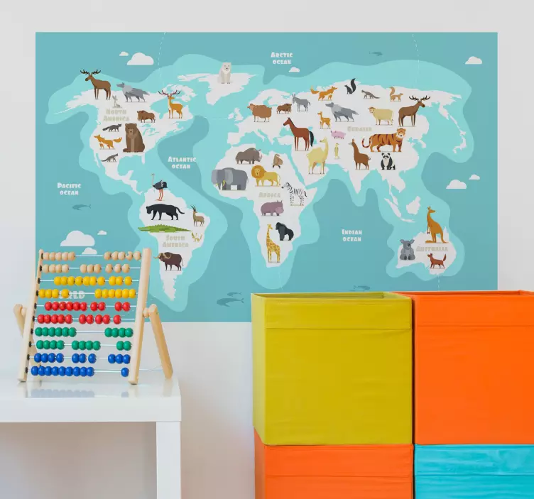 Blue animal world map world wall sticker - TenStickers