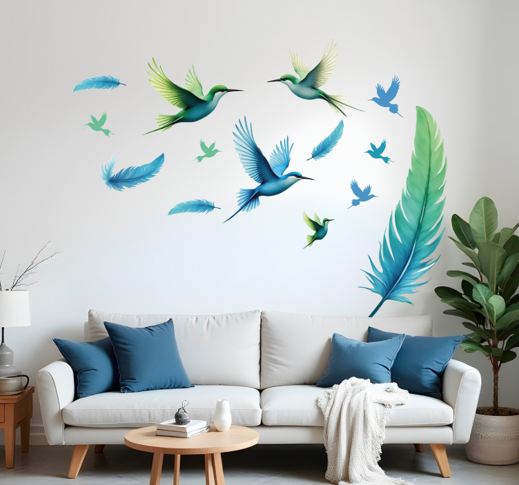 Blue feathers with birds wall sticker - TenStickers