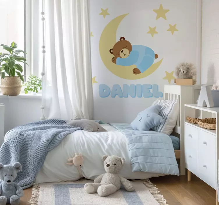 Blue happy dreams bear with name wall sticker - TenStickers