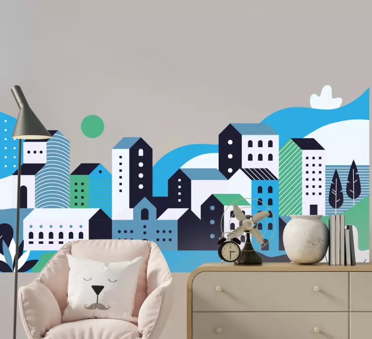 Blue village mountains  illustration decal - TenStickers