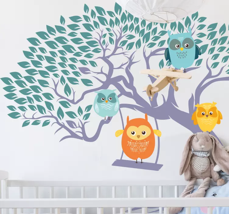 Colorful owls on swing tree illustration decal - TenStickers