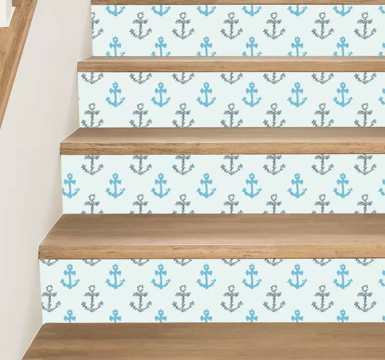 Distorted blue anchors pattern stairs decal - TenStickers