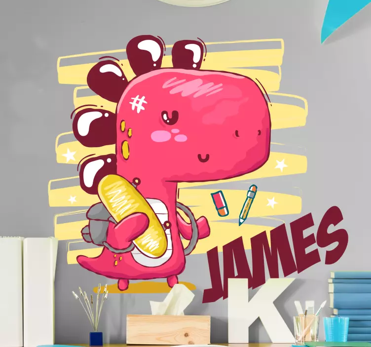 Going to school dino with name dinosaur sticker - TenStickers