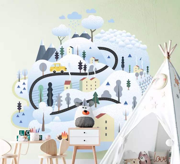 Grey village with mountains  illustration decal - TenStickers