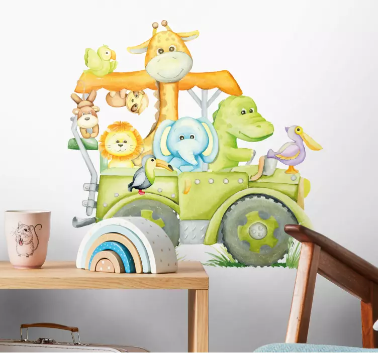 Jungle animals in jeep stickers children's room - TenStickers