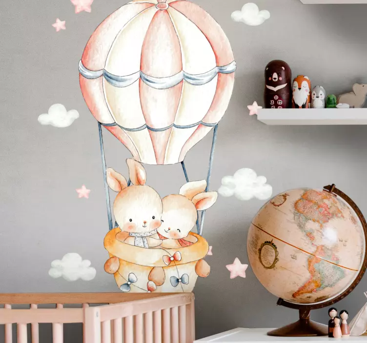 Pastel bunnies on clouds with airballoons  decal - TenStickers