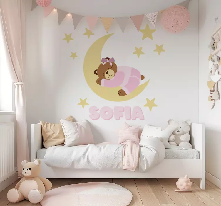 Pink happy dreams bear with name children's wall sticker - TenStickers