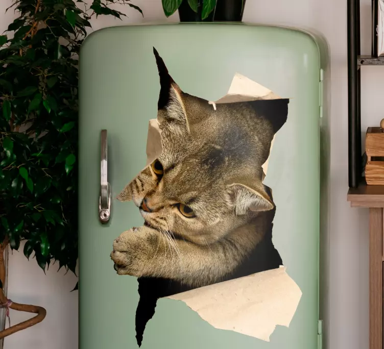 Realistic cat in torn hole fridge sticker - TenStickers
