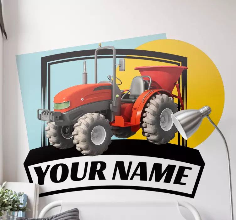 Red tractor plate with name  personalized decal - TenStickers