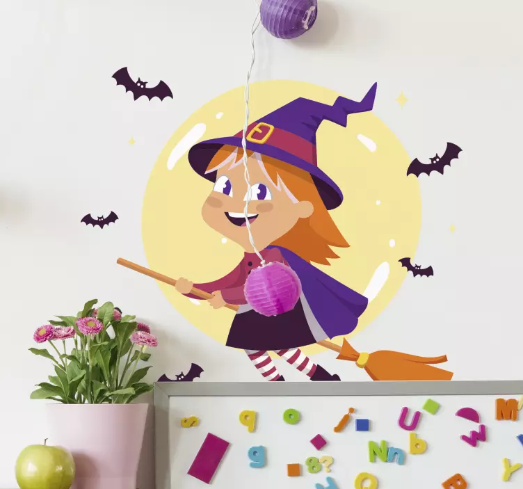 Witch on a broom and bats halloween sticker - TenStickers