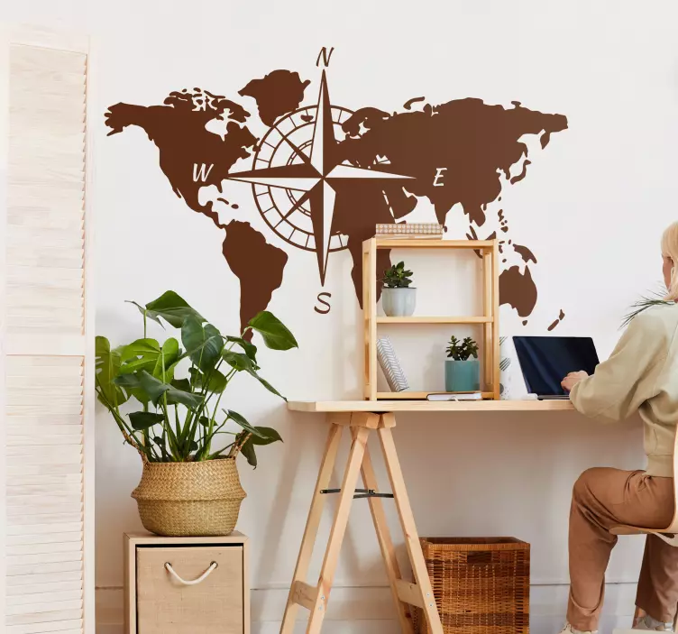 world map and compass world map wall sticker - TenStickers