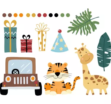 Lovely safari animals with car and gifts baby wall decal - TenStickers