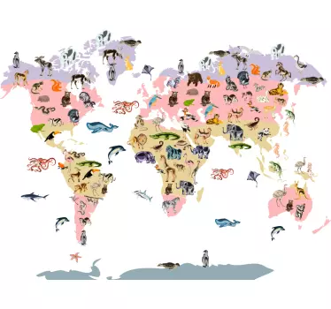 Pastel animal motif world map wall sticker - TenStickers