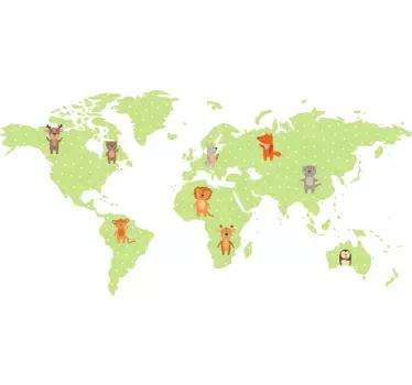Green design with animals world map wall sticker - TenStickers