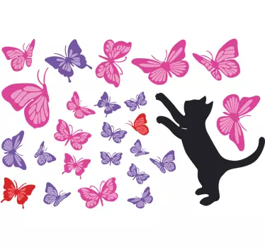 Cat chasing set of colorful butterfly wall sticker - TenStickers