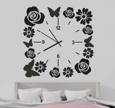 Clock with butterflies and flowers wall clock sticker - TenStickers