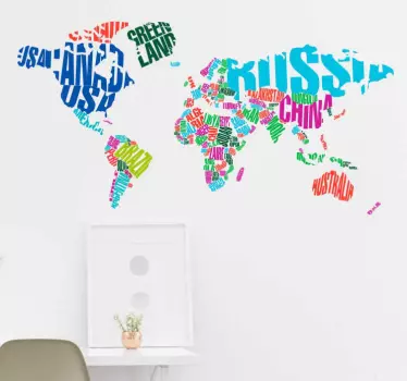 Colourful text world map wall sticker - TenStickers