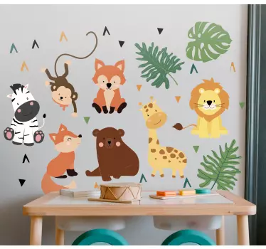Cute wild animals with leaves wallpaper decal - TenStickers