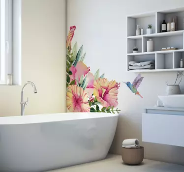 Flowers with hummingbird bathroom wall sticker - TenStickers