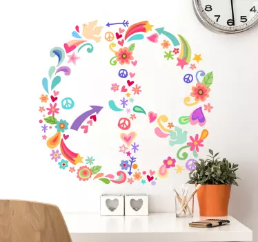 Hippie Peace Sign Floral Wall Decal - TenStickers