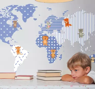 Illustrated animal map world map wall sticker - TenStickers