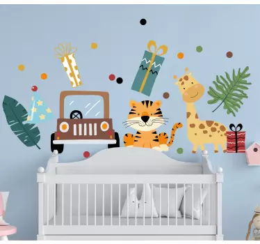 Lovely safari animals with car and gifts baby wall decal - TenStickers