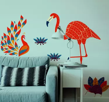 Peacock and flamingo bird decal in tenango style - TenStickers