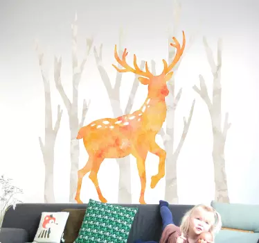 Watercolour Deer in Forrest Wall Sticker - TenStickers