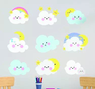 Pack of 9 White-and-blue-clouds illustration wall art decal - TenStickers