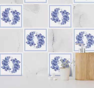 White and blue horezu ornament tile sticker - TenStickers