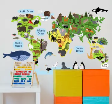 World map with trees and animals wall sticker - TenStickers