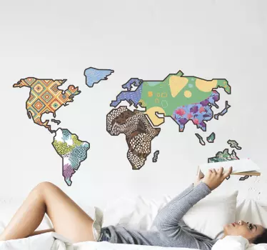 Worldmap ethnic pattern and animals map wall sticker - TenStickers