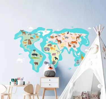 worldmap nordic for kids with fauna map wall sticker - TenStickers
