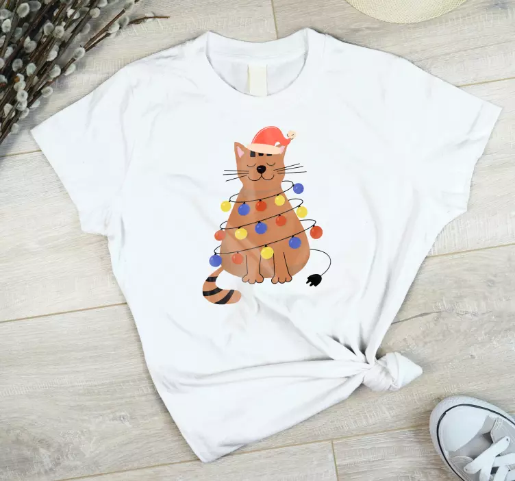 Cute cat tangled in lights Christmas shirt - TenStickers