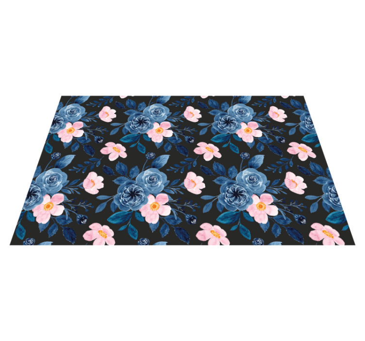 Floral vinyl rug with blue and pink design on black - TenStickers
