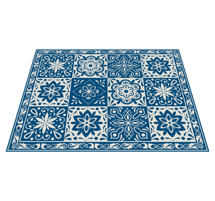 floral blue tiles vinyl kitchen mat - TenStickers