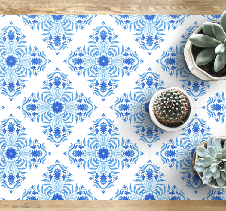 Azure Botanical Motif mosaic vinyl rug - TenStickers