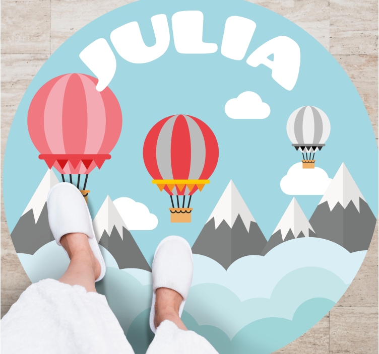 Mountains and balloons with name kids vinyl rug - TenStickers