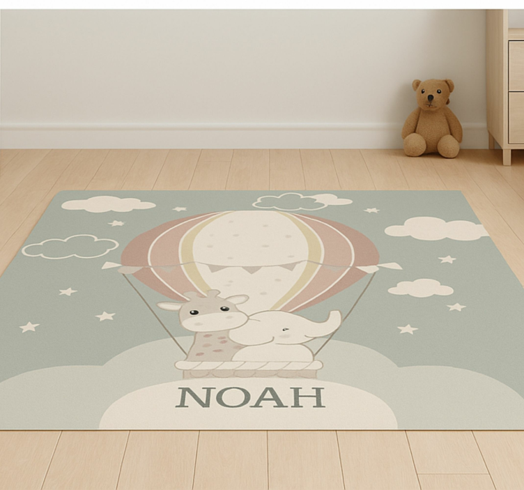 Kids vinyl rug pastel hot air balloon with name - TenStickers