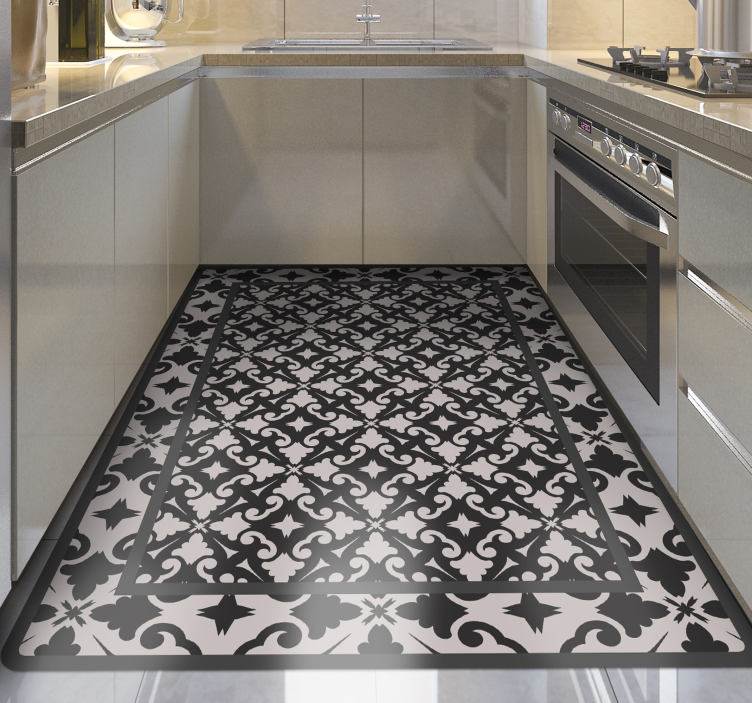 Elegant black pattern kitchen vinyl rug - TenStickers