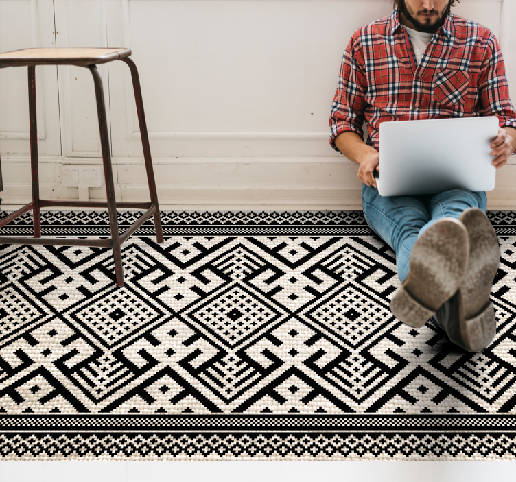 Geometric vinyl rug in black and white design - TenStickers